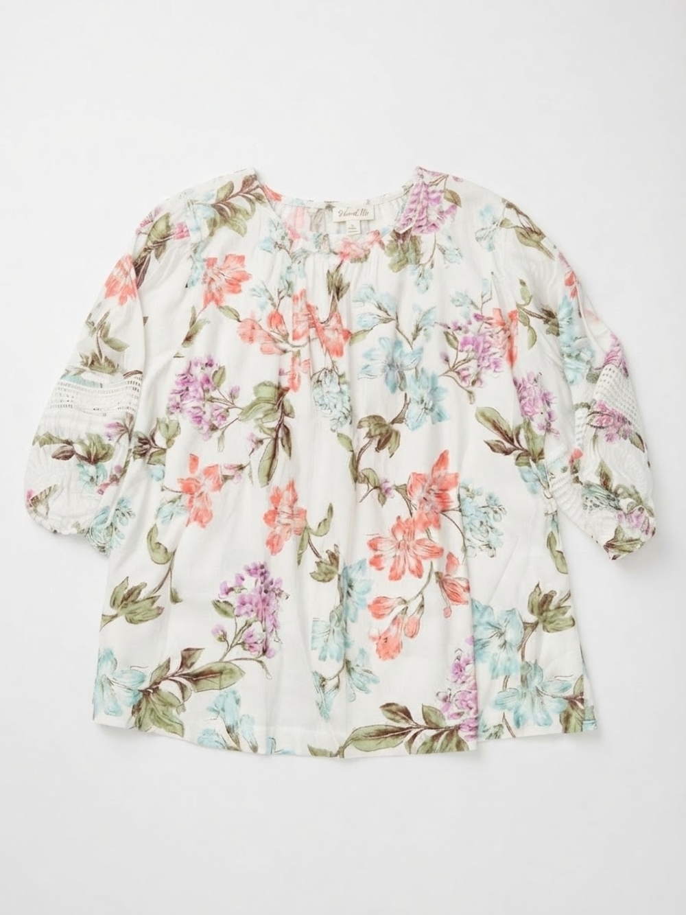 Girls' Floral Peasant Top in White with Coral & Pastel Accents